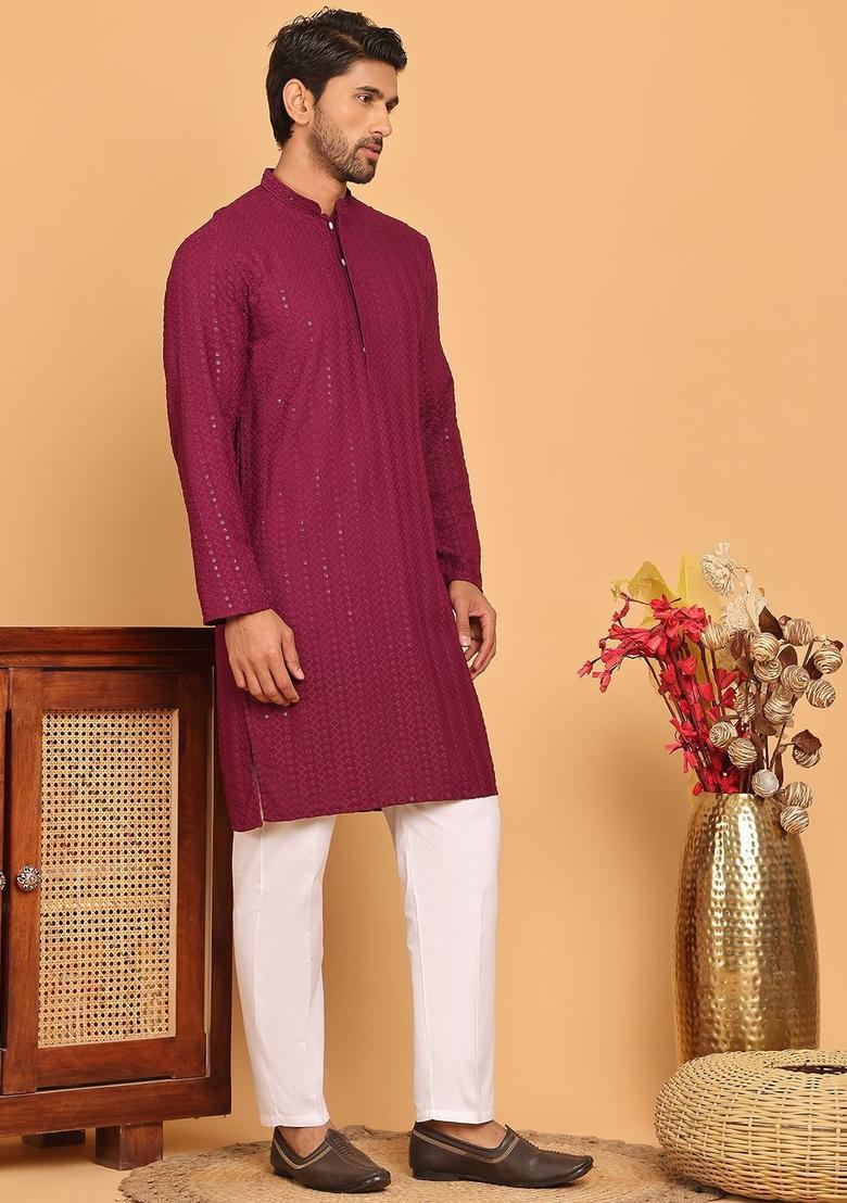 Purple Embroidered Viscose Kurta Set For Men - Indya