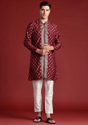 Maroon Printed Polyester Kurta Set For Men