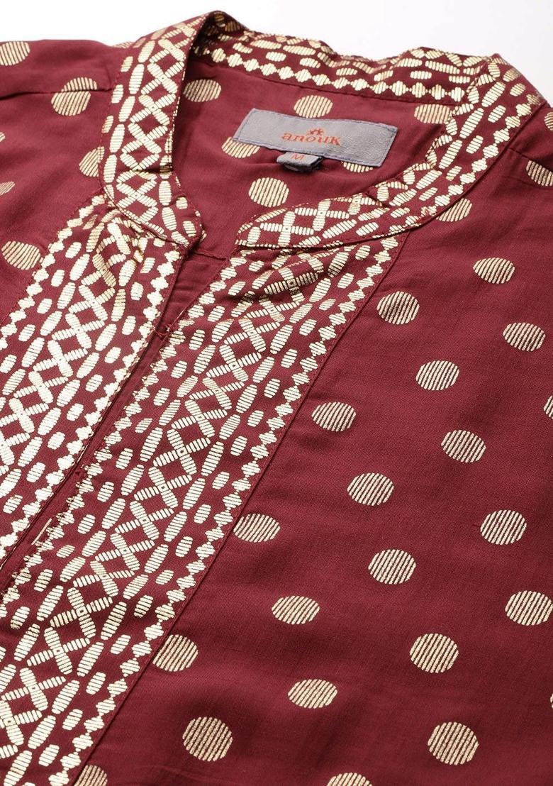 Maroon Printed Polyester Kurta Set For Men - Indya