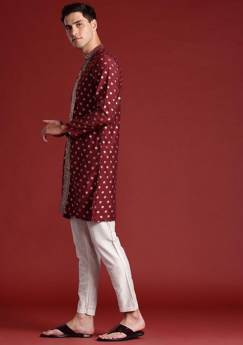 Maroon Printed Polyester Kurta Set For Men - Indya