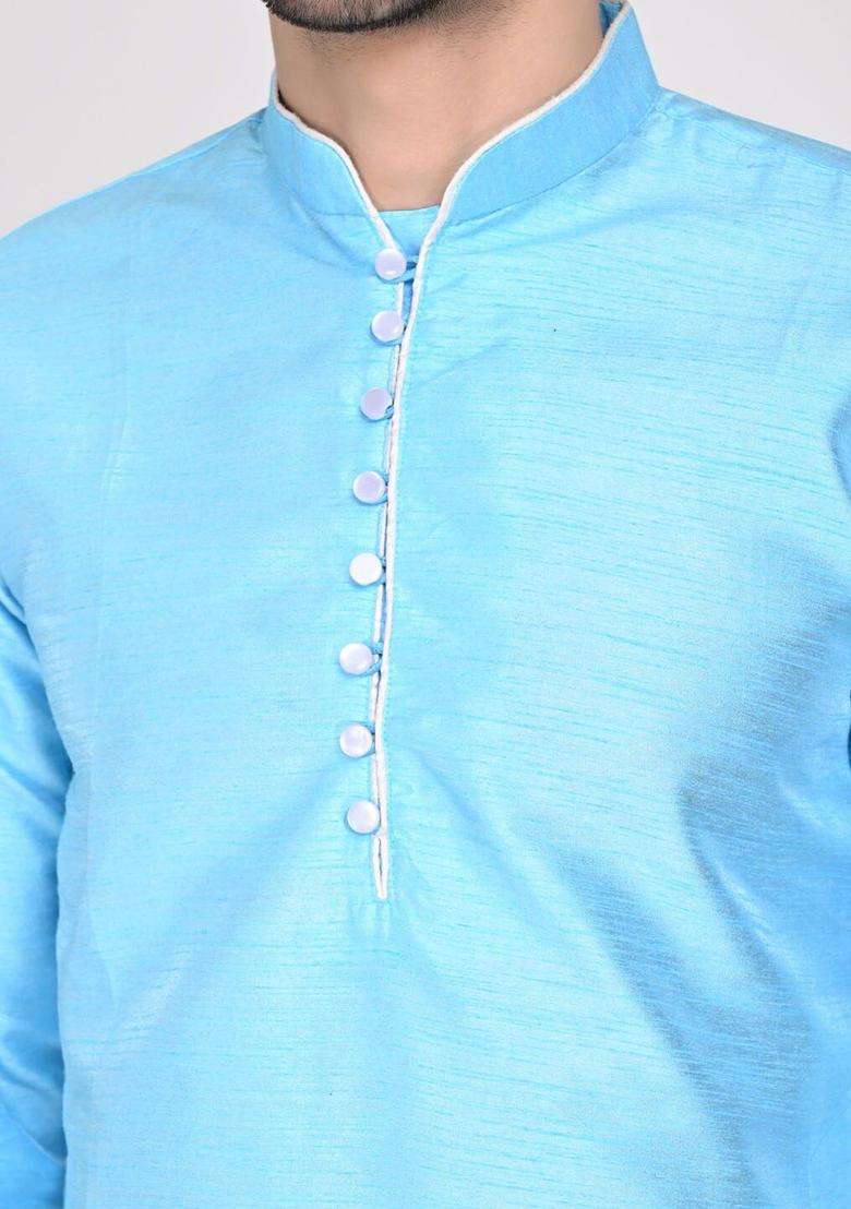 Blue Striped Silk Kurta Set For Men - Indya