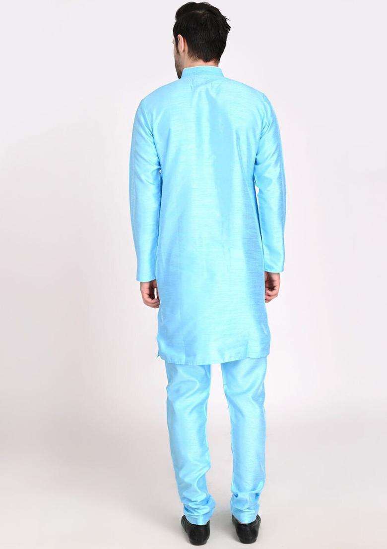 Blue Striped Silk Kurta Set For Men - Indya