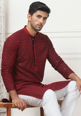 Red Embroidered Viscose Kurta Set For Men
