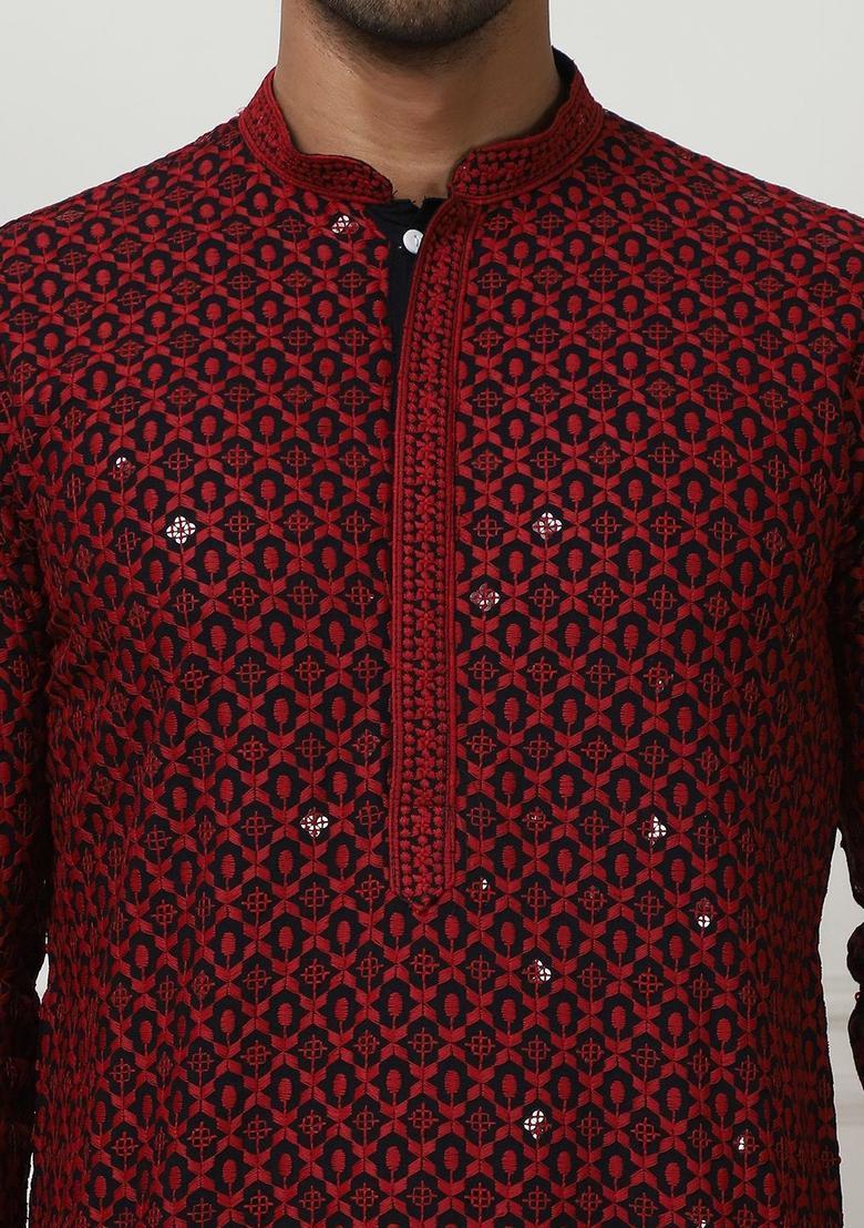 Red Embroidered Viscose Kurta Set For Men - Indya