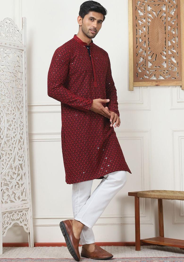 Red Embroidered Viscose Kurta Set For Men - Indya