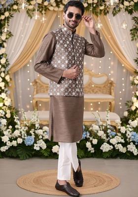 Brown Embroidered Silk Kurta Set For Men