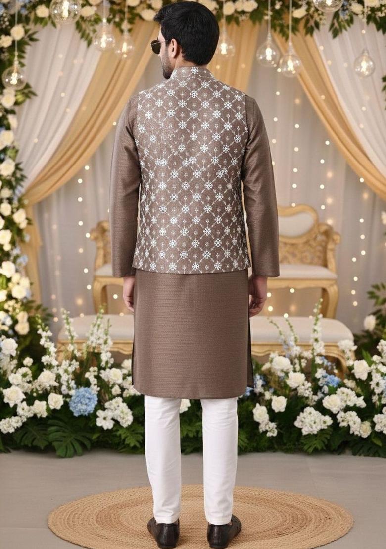 Brown Embroidered Silk Kurta Set For Men - Indya