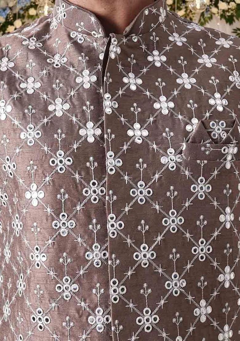 Brown Embroidered Silk Kurta Set For Men - Indya