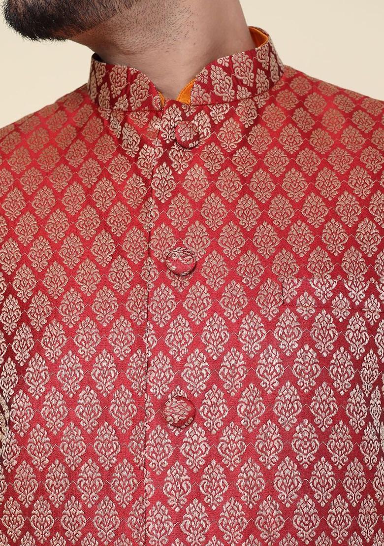 Maroon Solid Silk Kurta Set For Men - Indya