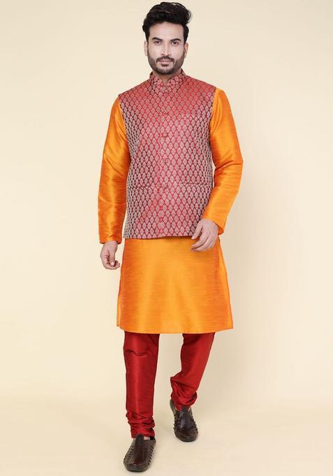 Maroon Solid Silk Kurta Set For Men