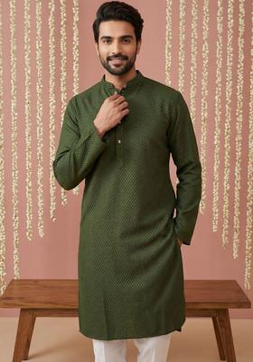 Olive Self Design Viscose Kurta Set For Men