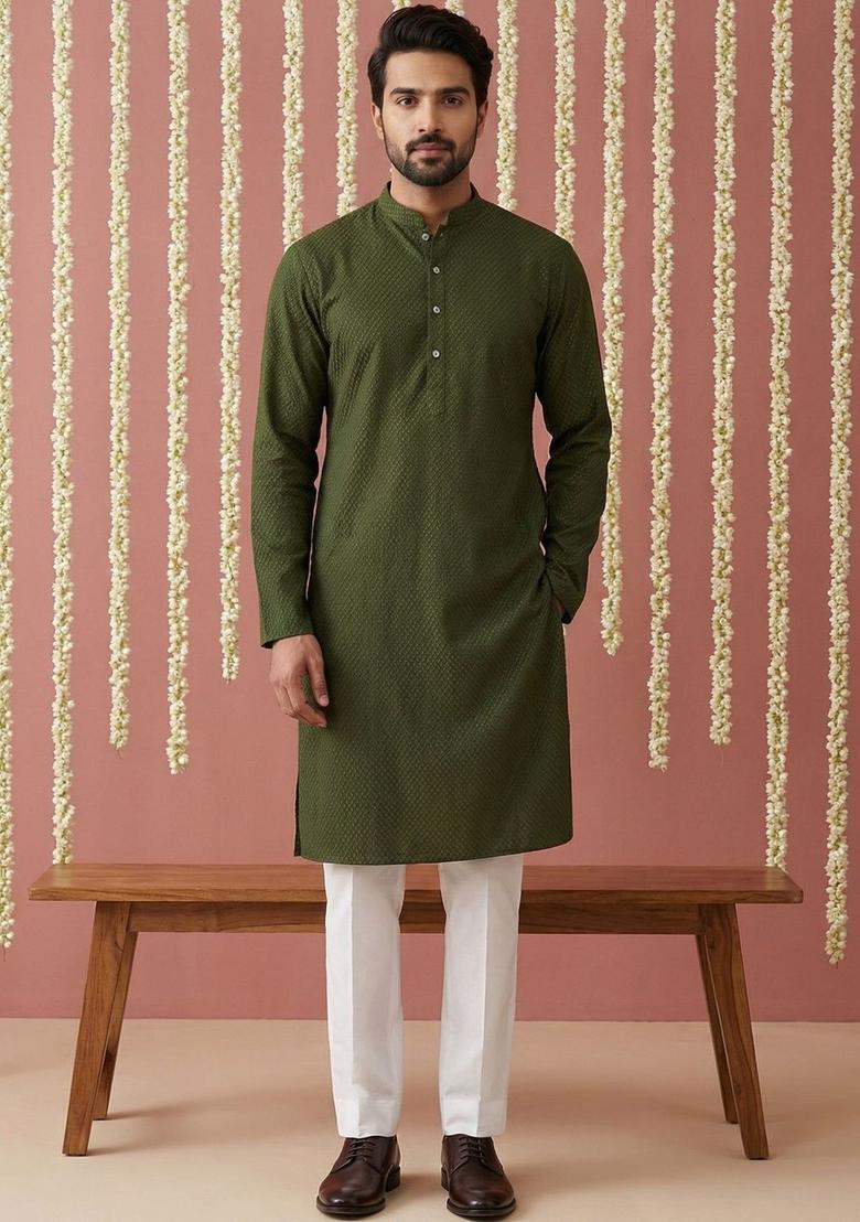 Olive Self Design Viscose Kurta Set For Men - Indya