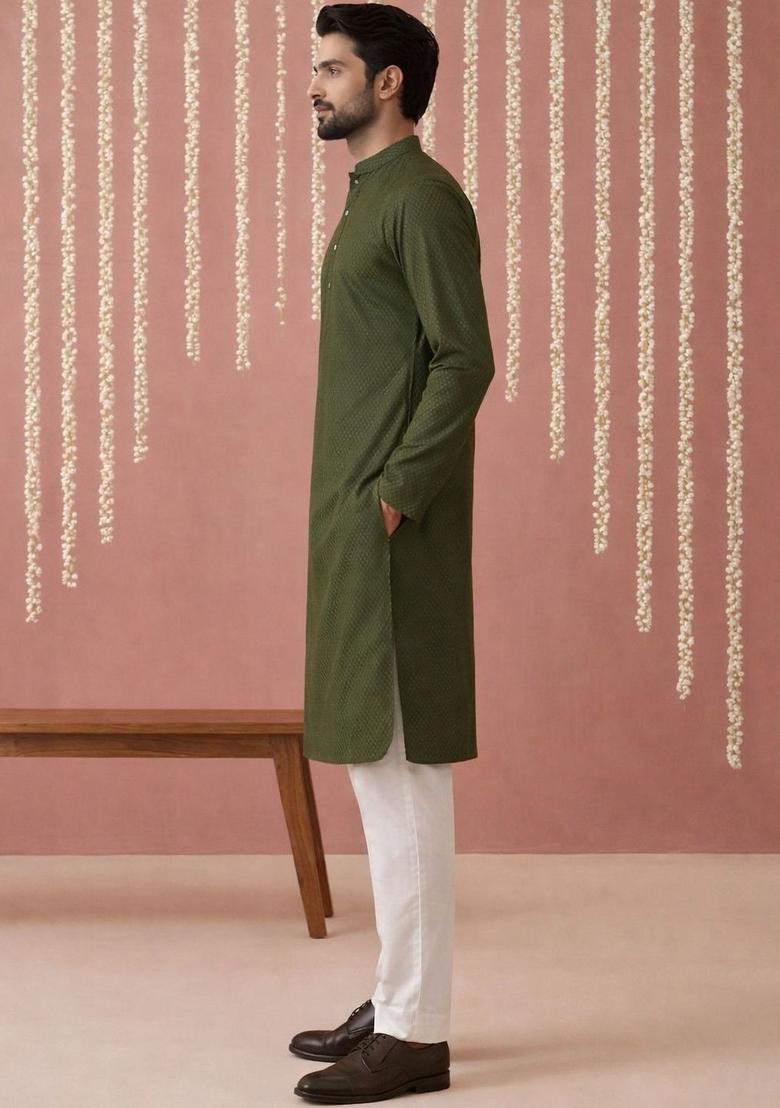 Olive Self Design Viscose Kurta Set For Men - Indya