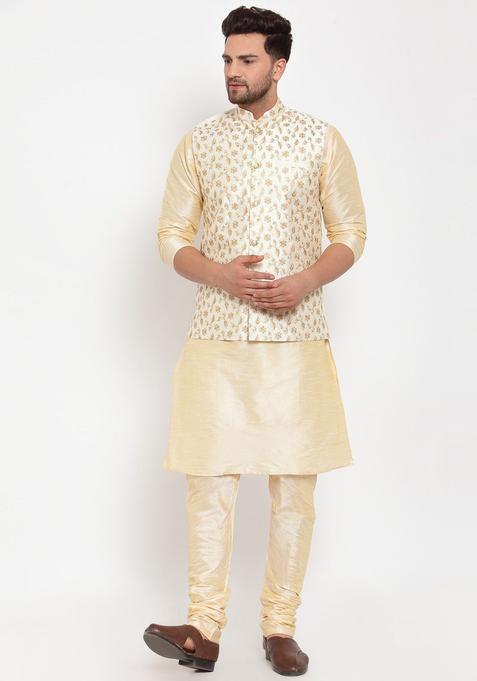 Beige Solid Silk Kurta Set For Men