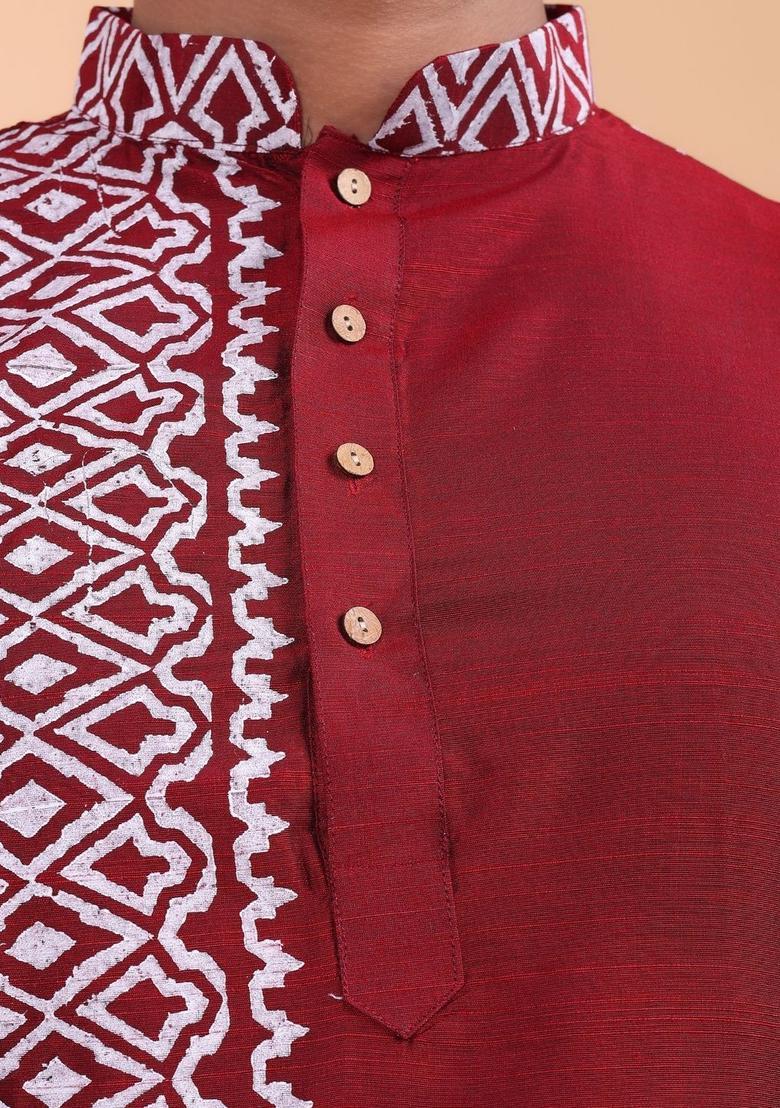 Maroon Printed Cotton Kurta Set For Men - Indya