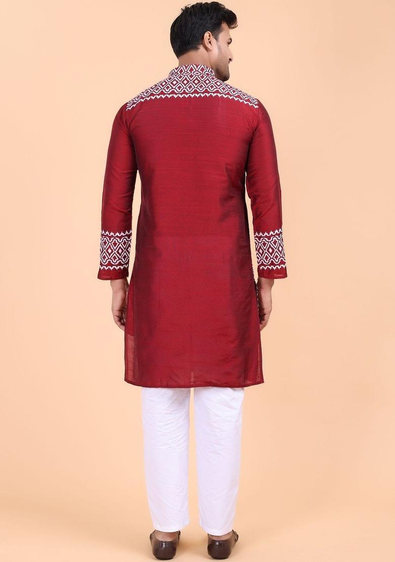 Maroon Printed Cotton Kurta Set For Men - Indya