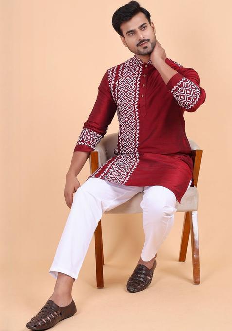 Maroon Printed Cotton Kurta Set For Men