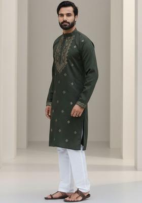 Olive Embroidered Cotton Kurta Set For Men