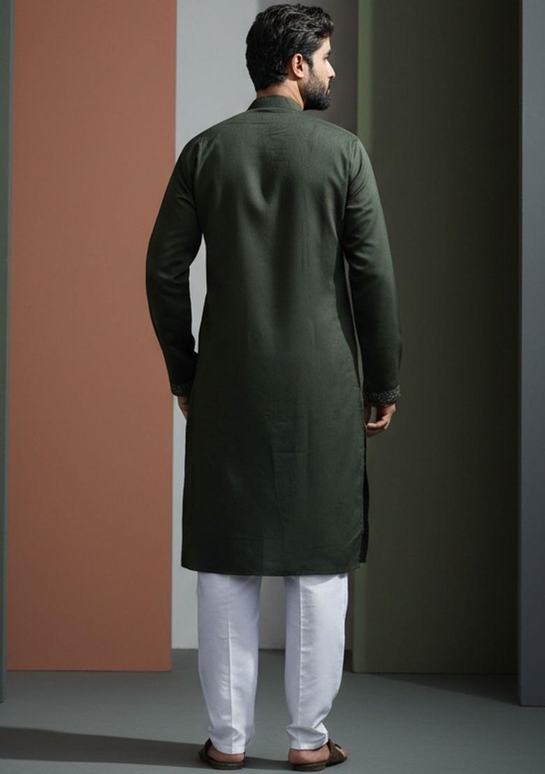 Olive Embroidered Cotton Kurta Set For Men - Indya