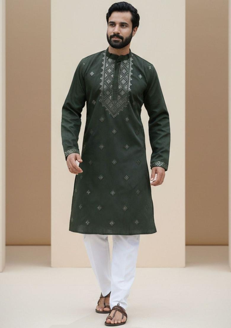 Olive Embroidered Cotton Kurta Set For Men - Indya