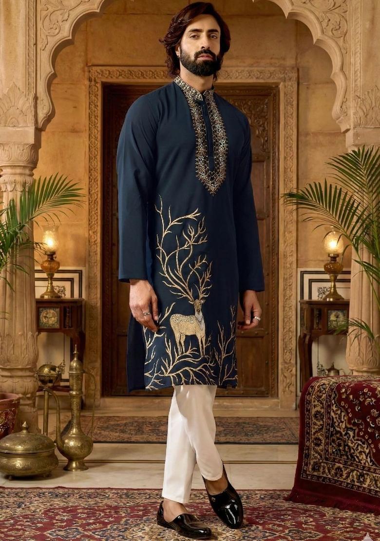 Blue Embroidered Cotton Kurta Set For Men - Indya