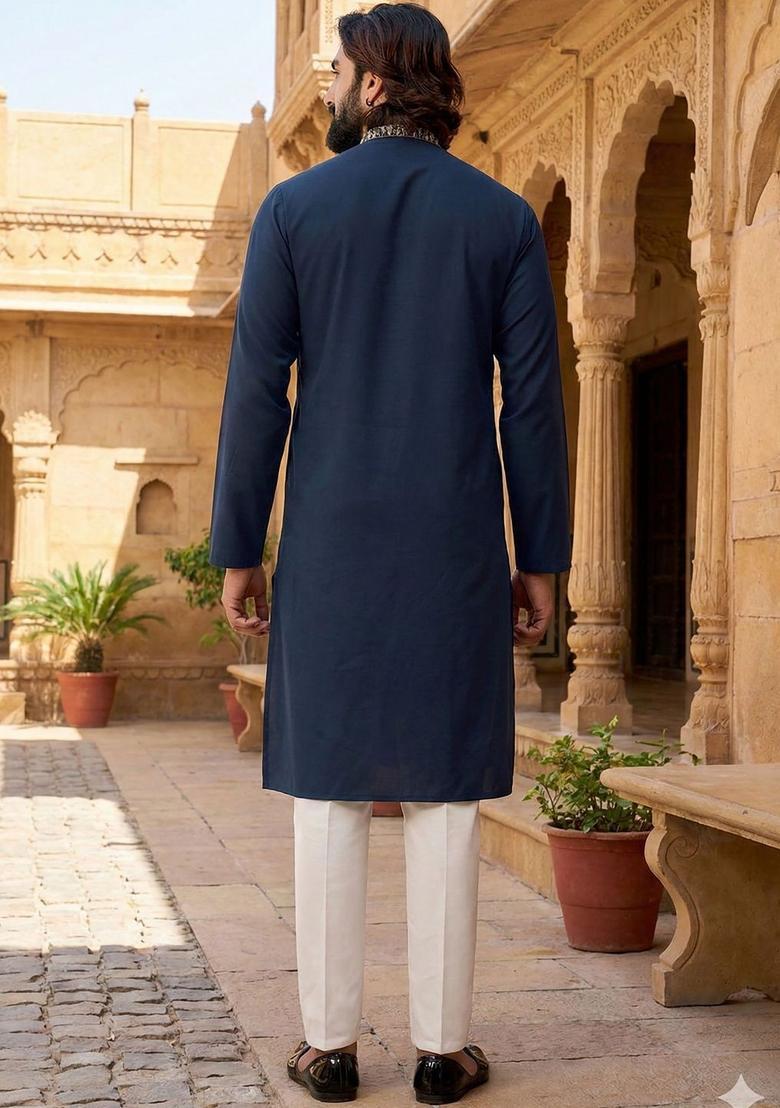Blue Embroidered Cotton Kurta Set For Men - Indya