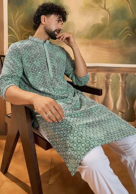 Green Printed Viscose Kurta Set For Men