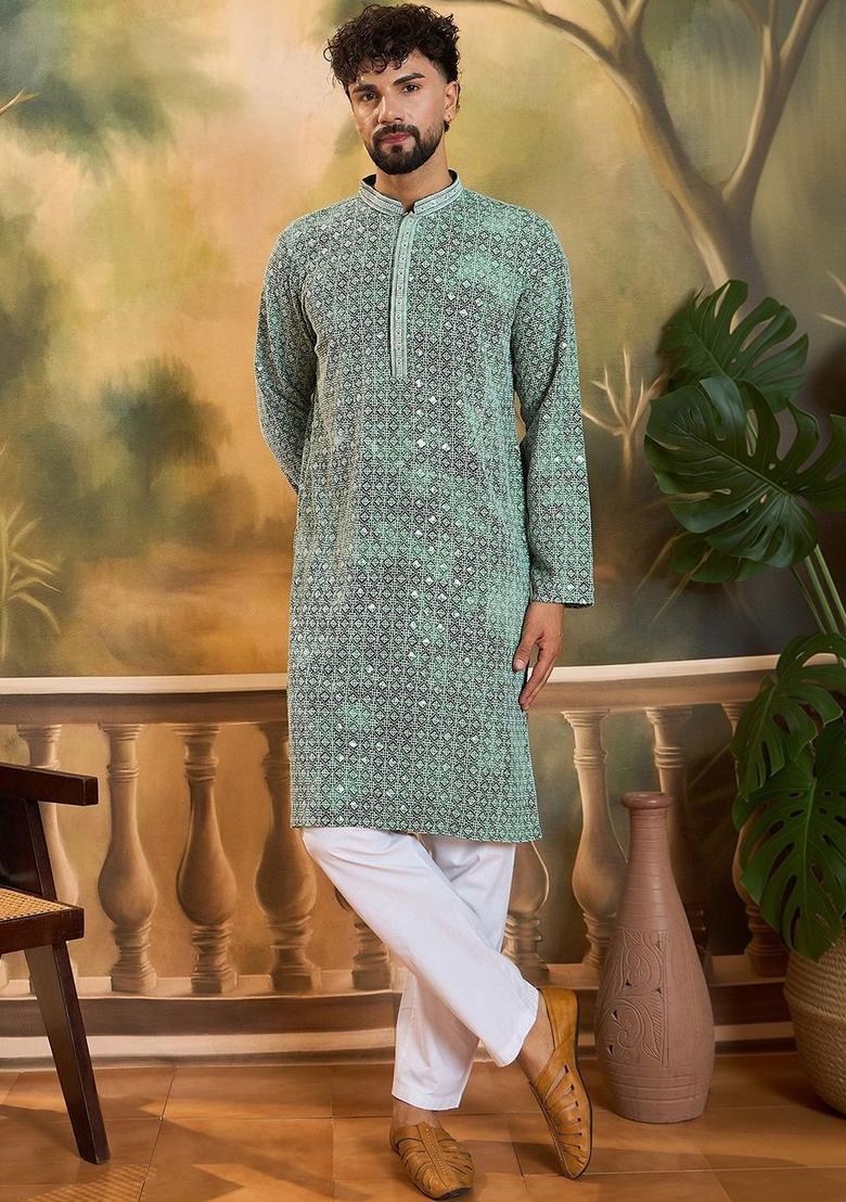 Green Printed Viscose Kurta Set For Men - Indya