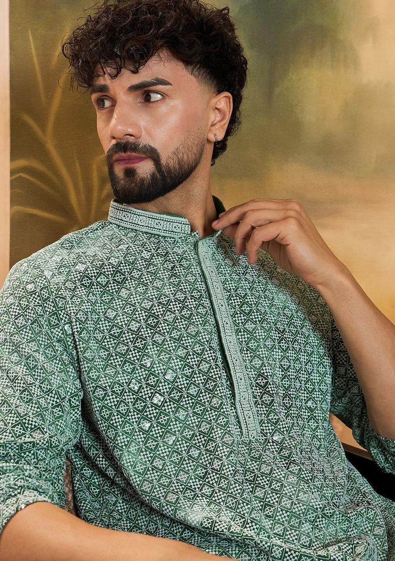 Green Printed Viscose Kurta Set For Men - Indya