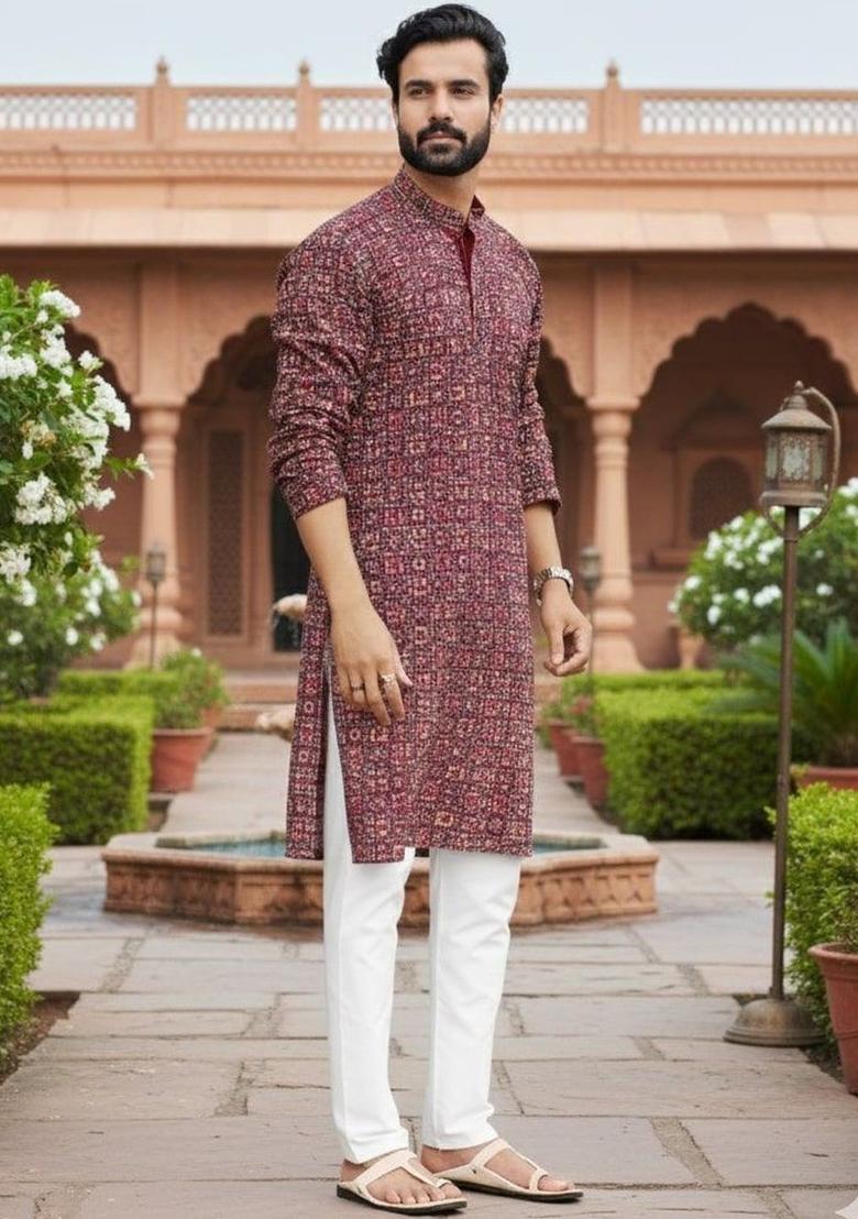 Maroon Printed Cotton Kurta Set For Men - Indya