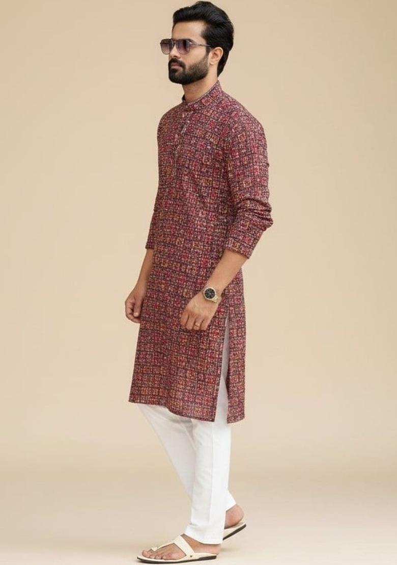 Maroon Printed Cotton Kurta Set For Men - Indya