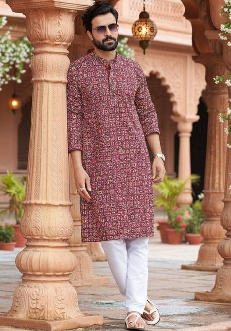 Maroon Printed Cotton Kurta Set For Men