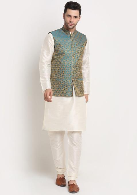 Beige Solid Silk Kurta Set For Men