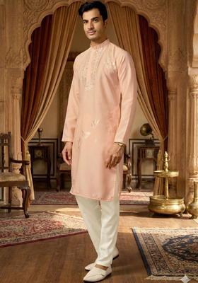 Peach Embroidered Silk Kurta Set For Men