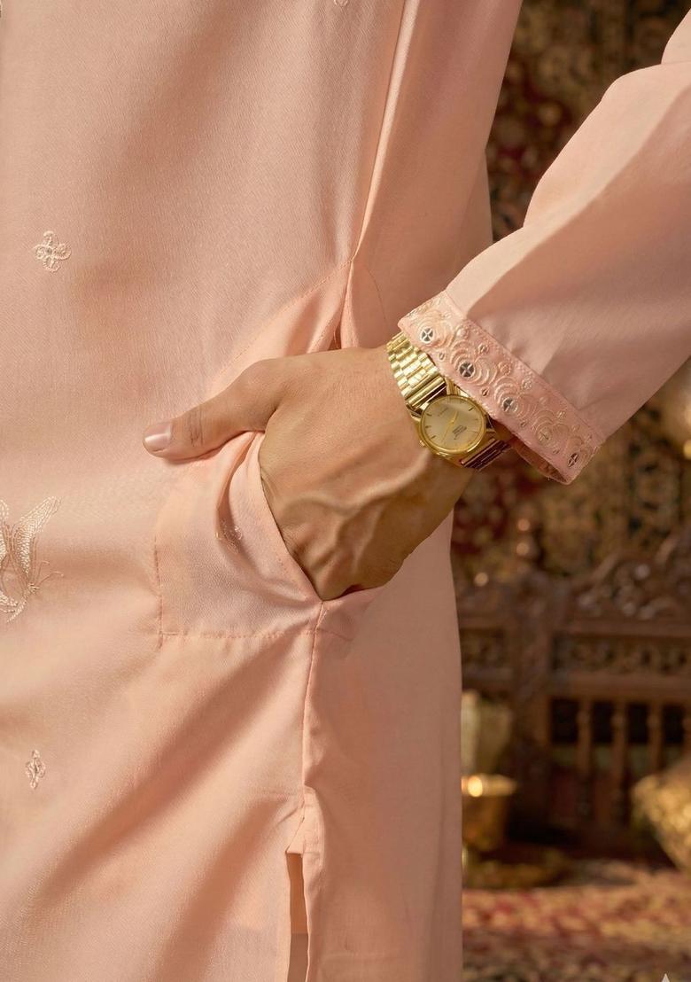 Peach Embroidered Silk Kurta Set For Men - Indya