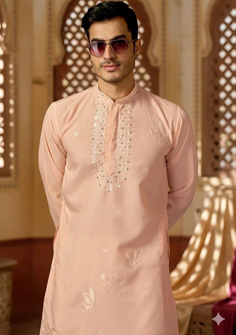 Peach Embroidered Silk Kurta Set For Men - Indya