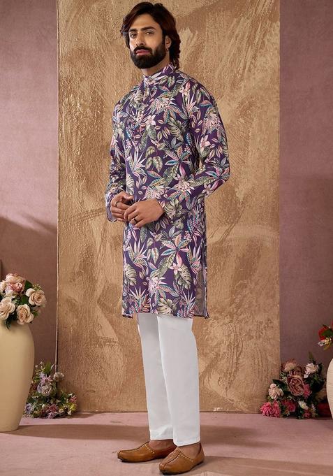 Purple Printed Cotton Kurta Set For Men