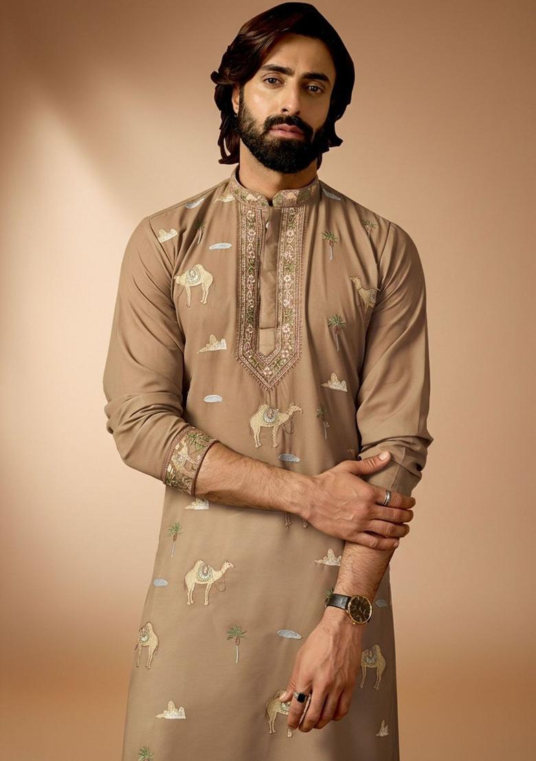 Brown Embroidered Silk Kurta Set For Men - Indya