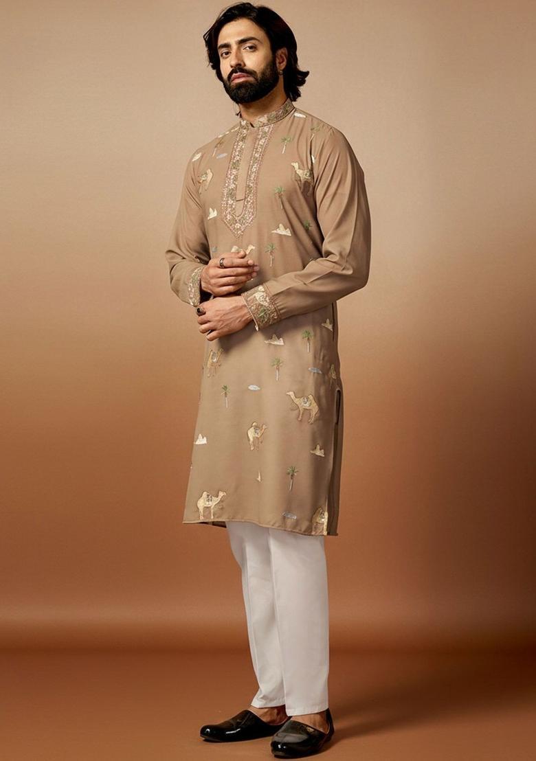 Brown Embroidered Silk Kurta Set For Men - Indya