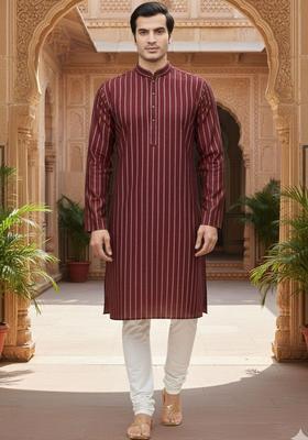 Maroon Striped Silk Kurta Set For Men