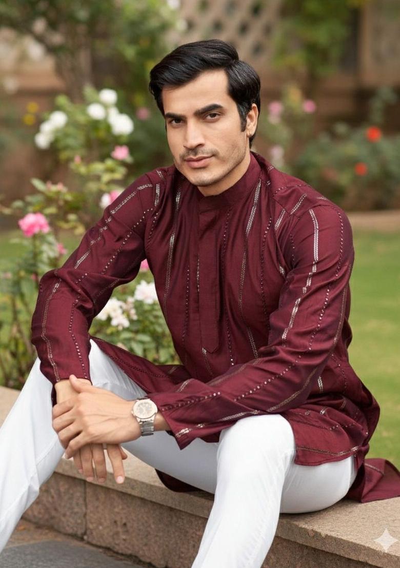 Maroon Striped Silk Kurta Set For Men - Indya