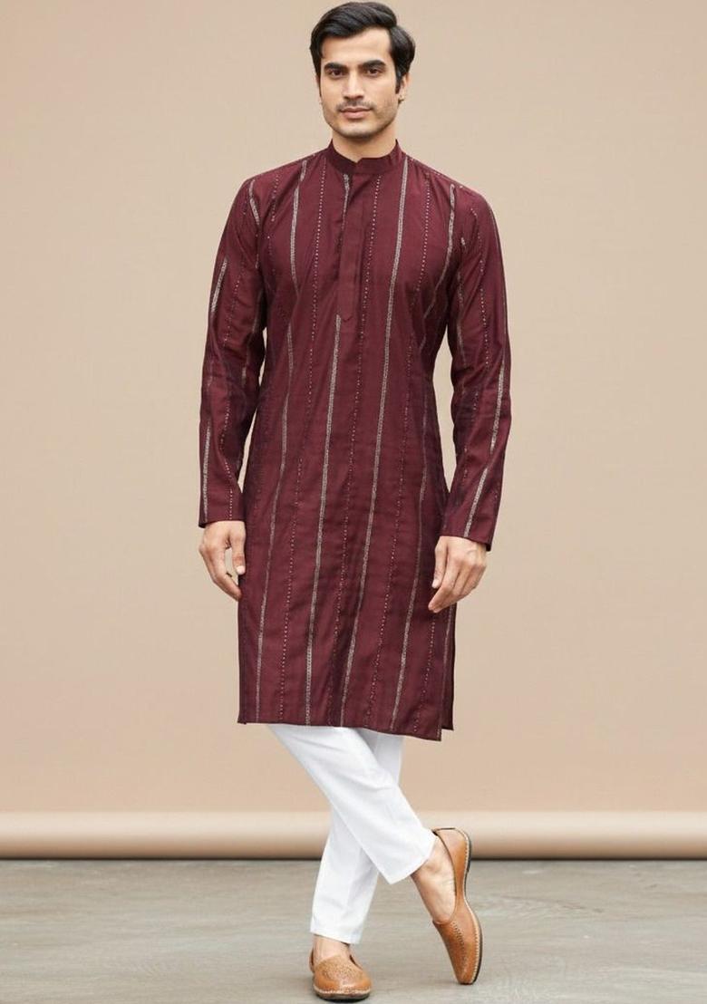 Maroon Striped Silk Kurta Set For Men - Indya