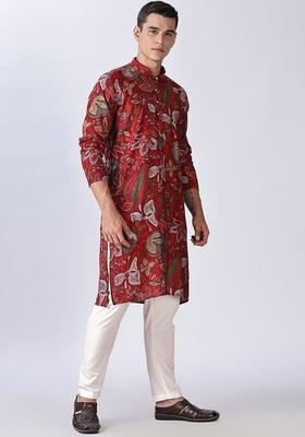 Red Printed Cotton Kurta Set For Men