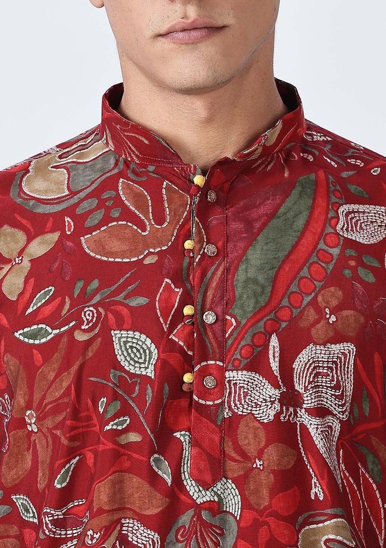 Red Printed Cotton Kurta Set For Men - Indya