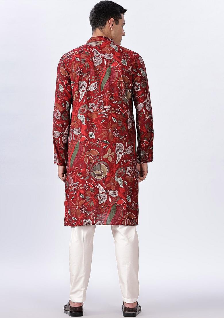 Red Printed Cotton Kurta Set For Men - Indya