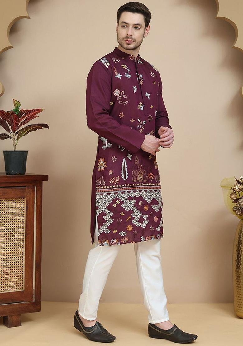 Maroon Embroidered Silk Kurta Set For Men - Indya