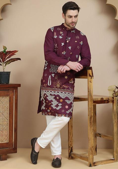 Maroon Embroidered Silk Kurta Set For Men