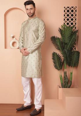 Green Printed Viscose Kurta Set For Men
