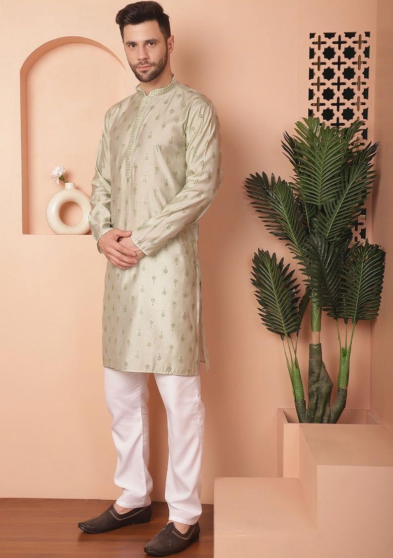Green Printed Viscose Kurta Set For Men - Indya