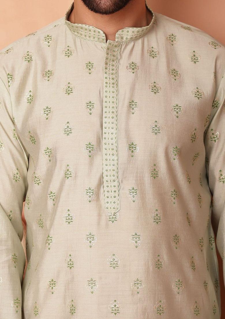 Green Printed Viscose Kurta Set For Men - Indya